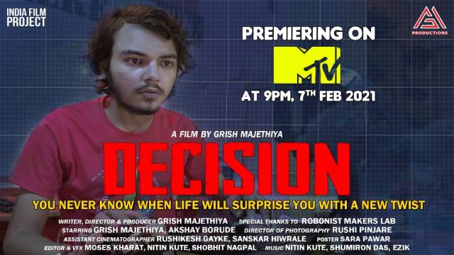 Young Filmmaker Grish Majethiya’s Award-Winning Short Film ‘Decision’ To Be Telecasted On MTV This Sunday