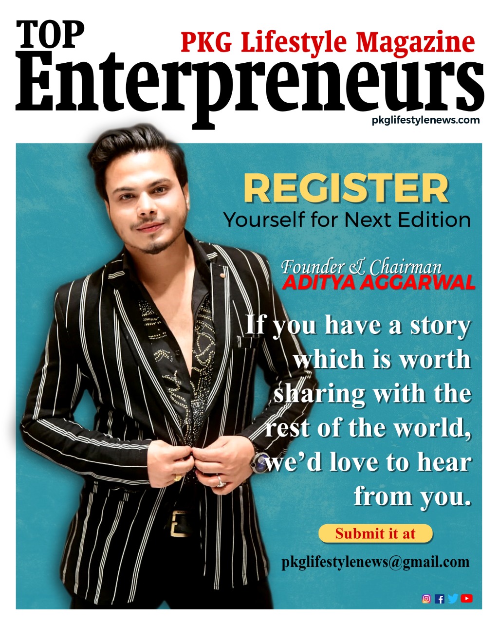 Aditya Aggarwal on PKG lifestyle News top 50 entrepreneurs magazine Coming Soon.
