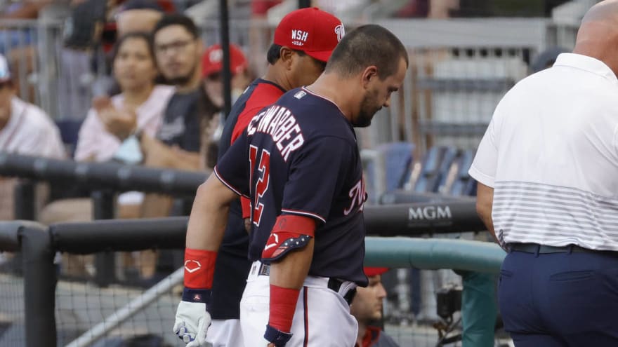 Washington Nationals’ Kyle Schwarber exits the game with an evident right leg injury